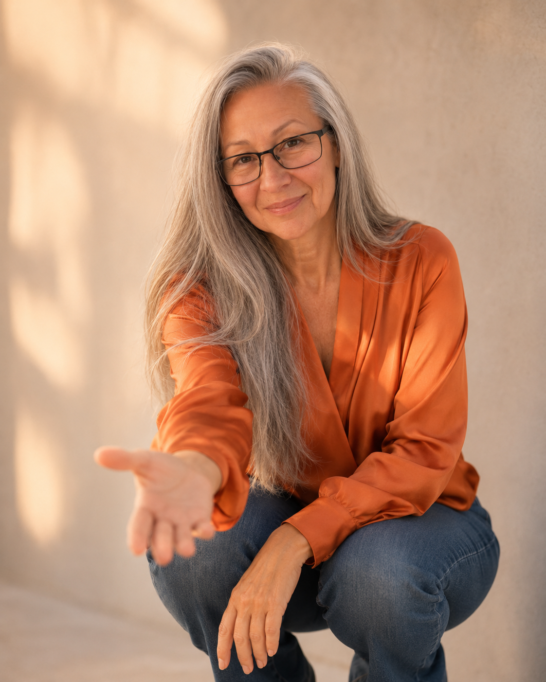 Sharen Louise Ryan — warm editorial portrait in black blazer and orange top
